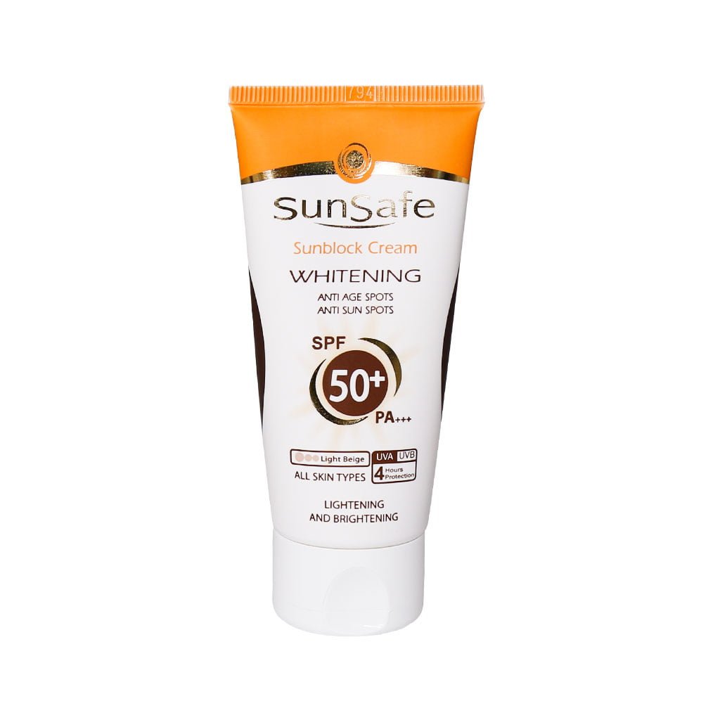Sunsafe-Whitening-Sunscreen-Cream-50g.jpg خرید آنلاین دارو و مکملهای دارویی با ارسال سریع - کرم ضد آفتاب SPF50 روشن کننده سان سیف مناسب انواع پوست 50 گرم